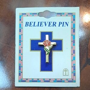 New Believer Pin gold color Cross Pin with Red Rose